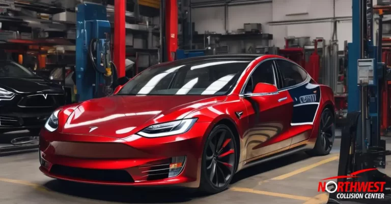 A Tesla in an auto body repair garage