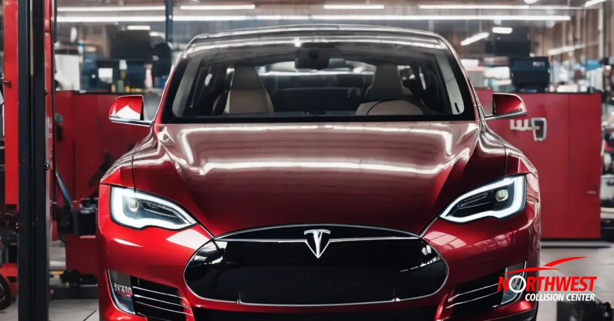 A Tesla car in an auto repair garage